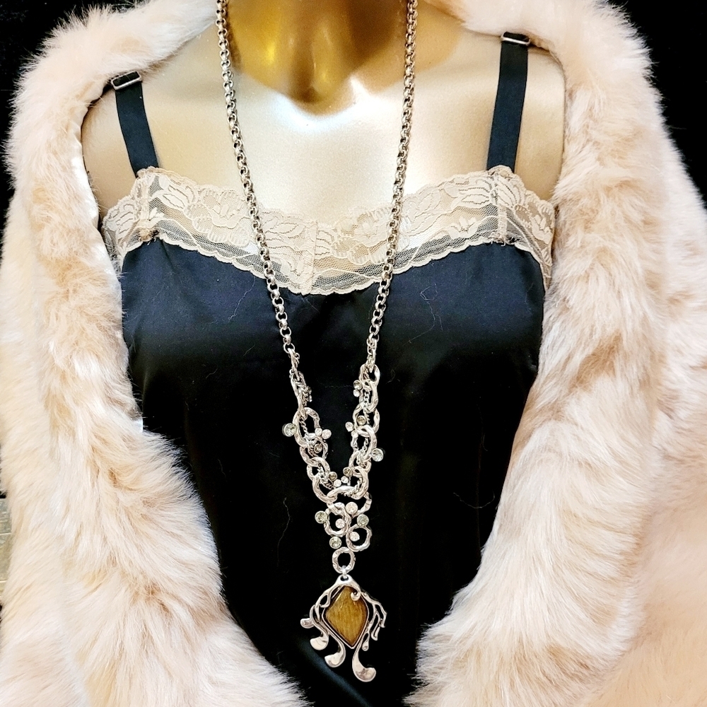 Vintage Bohemian Artisan Catseye Stone & Crystal Silver Statement Necklace - Picture 4 of 14